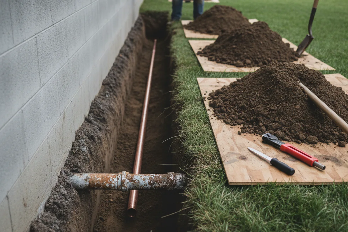 Excavated water line trench during Water Softener Installation in Holbrook